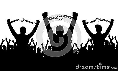 Silhouette of men break chain of handcuffs on background of cheerful crowd people. Concept of freedom. Vector illustration Vector Illustration