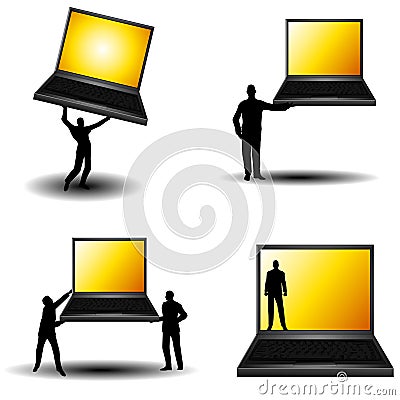 Silhouette Men Holding Laptops Cartoon Illustration