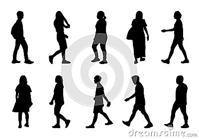 Silhouette men and women walking on white background, Black people lifestyle vector collection Vector Illustration