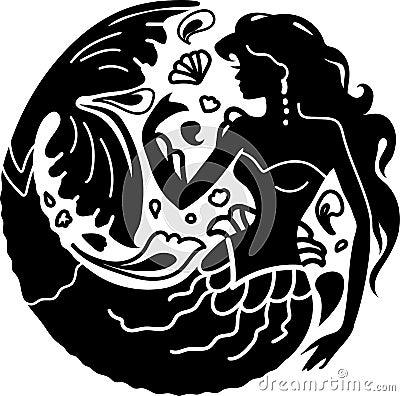 Silhouette mermaid among waves. Isolated figure of girl from fairytale. Vector Illustration