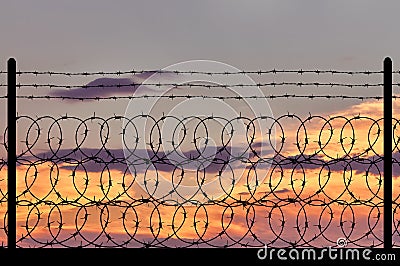 Silhouette of a metal fence with barbed wire Stock Photo