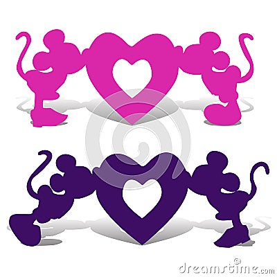 Silhouette Mickey Mouse boy and girl kiss the heart, an illust Vector Illustration