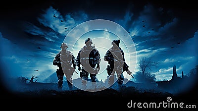 silhouette of military army platoon with weapon, infantry and commando team, special forces soldiers Stock Photo