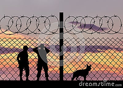 Silhouette of the military with a dog Stock Photo