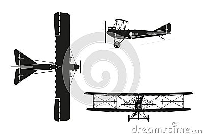 Silhouette of military retro airplane on a white background. Vintage aircraft in three views: top, side, front Vector Illustration