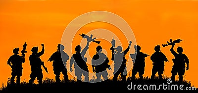 Silhouette of military soldier or officer with weapons at sunset Stock Photo