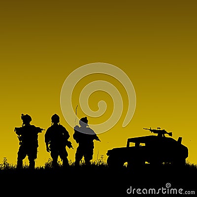 Silhouette of military soldiers team or officer with weapons and Stock Photo