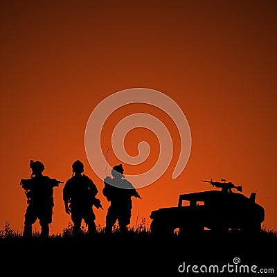 Silhouette of military soldiers team or officer with weapons and Stock Photo