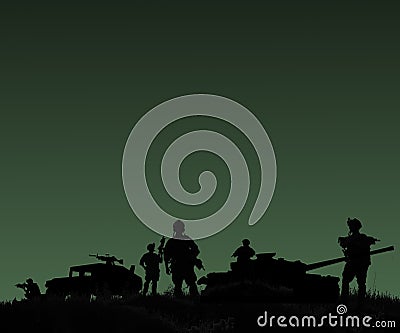 Silhouette of military soldiers team or officer with weapons and Stock Photo