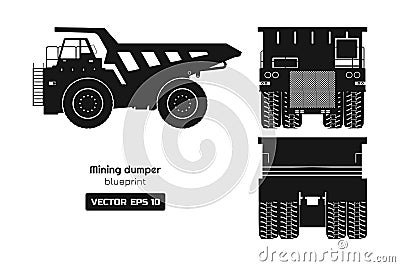 Silhouette of mining dumper on white background. Back, side and front view. Heavy truck image. Industrial 3d drawing Vector Illustration