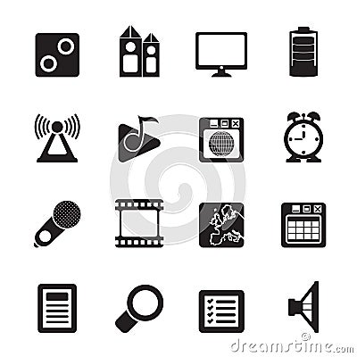 Silhouette Mobile phone performance, internet and office icons Vector Illustration