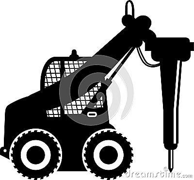 Silhouette of Mobile Quarry Truck with Hydraulic Jack Hammer Icon in Flat Style. Vector Illustration Vector Illustration