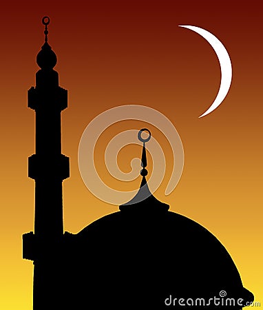 Silhouette of mosque with crescent moon Stock Photo