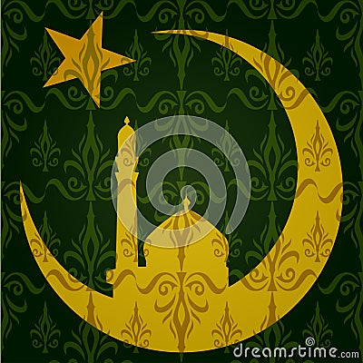 Silhouette of Mosque or Masjid on moon with stars on abstract green background, concept for Muslim community holy month Ramadan Stock Photo