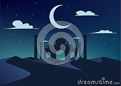 Silhouette of mosque in night desert Vector Illustration