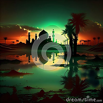 Silhouette of the mosque at sunset, sand, desert, palm trees, water, mirror image. Mosque as a place of prayer for Muslims Stock Photo