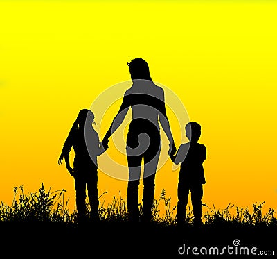 Silhouette mother and child holding hands at sunset Stock Photo