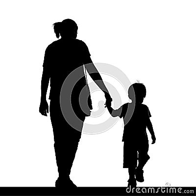 Silhouette of a mother holding her son isolated on white Stock Photo