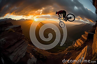 Silhouette of motorbike rider doing stunt on rocky mountain as jump cross slope of mountain with sunset backlit Stock Photo
