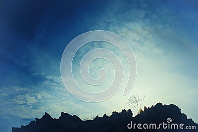 Silhouette of mountain ridge with bare tree - artistic image with glowing fade filter Stock Photo