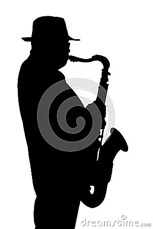 Silhouette of the musician playing on a saxophone. Stock Photo