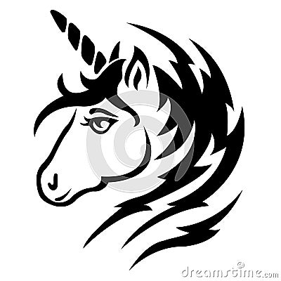 The silhouette of the muzzle is a unicorn, painted black, drawn with lines and zigrags. Logo of the mythical animal unicorn Cartoon Illustration