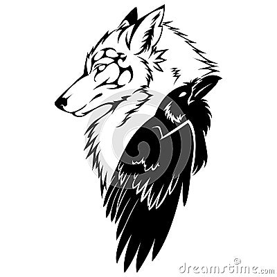 Silhouette of a muzzle of a wolf and a raven of a grak. Linear tattoo style.Design suitable for animal logo, tattoo, decor, mural Vector Illustration