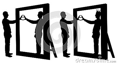 Silhouette of a narcissist man and a hand gesture of a heart in reflection in a mirror Stock Photo