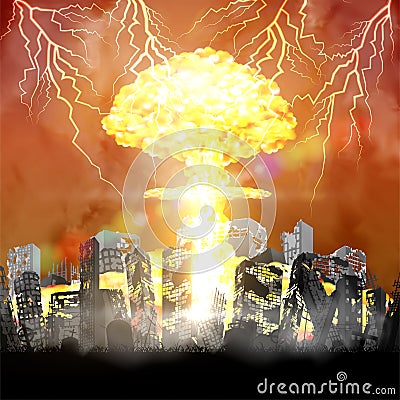 Silhouette nuclear bomb over city ruined building Vector Illustration
