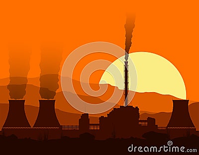 Silhouette of a nuclear power plant at sunset. Vector Illustration
