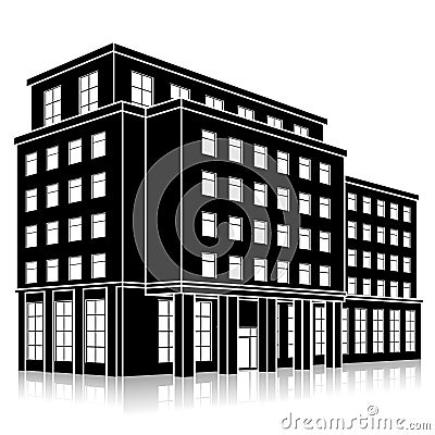 Silhouette office building with an entrance and reflection Vector Illustration