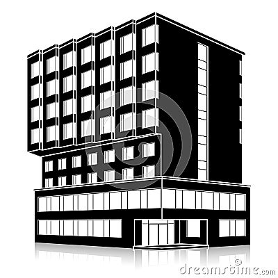 Silhouette office building with an entrance and reflection Vector Illustration