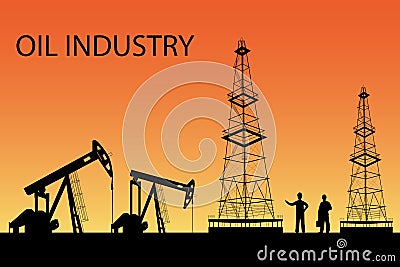 Silhouette of oil or gas drilling rigs on a sunset background. Cartoon Illustration