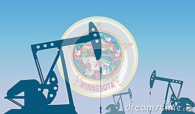 silhouette of oil pumps against flag of Minnesota state USA. Extraction grade crude oil and gas. concept of oil fields and oil Stock Photo