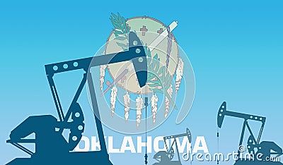 silhouette of oil pumps against flag of Oklahoma state USA. Extraction grade crude oil and gas. concept of oil fields and oil Stock Photo