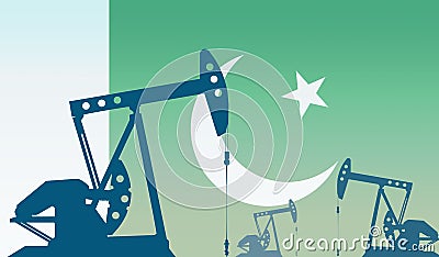 silhouette of oil pumps against flag of Pakistan. Extraction grade crude oil and gas. concept of oil fields and oil companies, Stock Photo