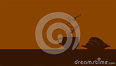 Silhouette one coffee cup with beautiful smoke and one croissant. take a break with your favorite drink. vector illustration Vector Illustration