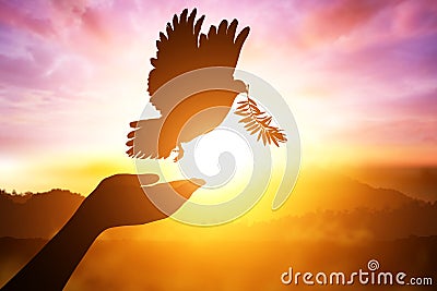 Silhouette of one hand desire to Dove Stock Photo