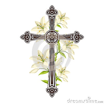 Silhouette of ornate cross with lilies. Happy Easter concept illustration or greeting card. Religious symbols of faith Vector Illustration