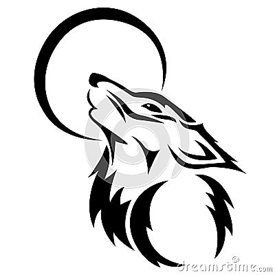 The silhouette, outline of the face of a wolf howling to the moon in black on a white background is drawn with lines of different Vector Illustration