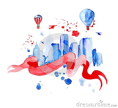 Silhouette overlay city with splashes of watercolor drops Stock Photo