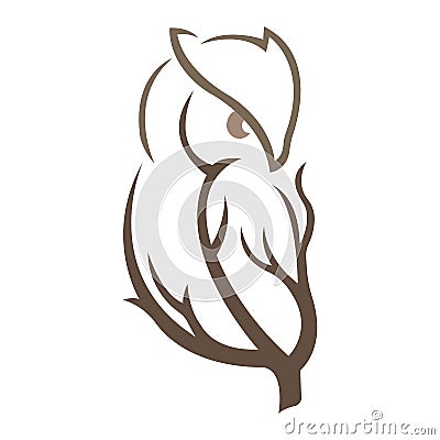 Silhouette of an owl sitting on a tree branch, brown bird on a white isolated background. Owl tattoo, company logo, agency, emblem Stock Photo