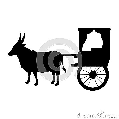 Silhouette Oxen pulling cart. Traditional transportation. Vector Illustration