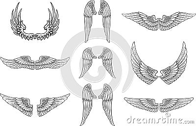 Silhouette pair of Angel wing decorative emblem and eagle stencil symbols Vector Illustration