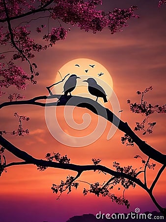Silhouette of a pair of birds perched on a tree, scenery, Generative Ai illustration. Cartoon Illustration