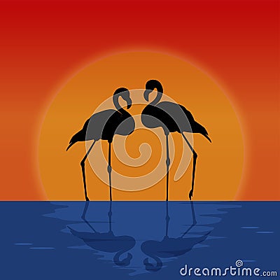 Silhouette pair of flamingos on sunset background. Vector Illustration