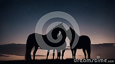 A silhouette of a pair of horses nuzzling each other affectionately Stock Photo