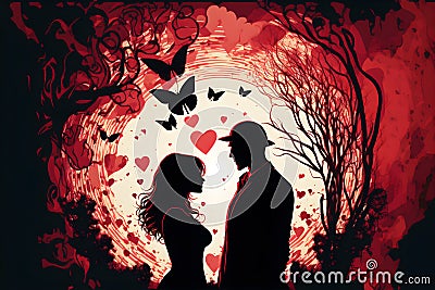 Silhouette of a pair of lovers in the wood against the background of the moon. Stock Photo