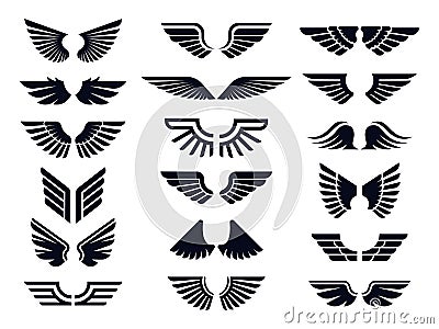 Silhouette pair of wings icon. Angel wing, decorative fly emblem and eagle stencil symbols vector icons bundle Vector Illustration