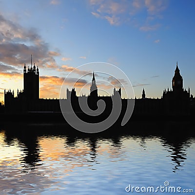 Silhouette of Palace of Westminster at dusk Stock Photo